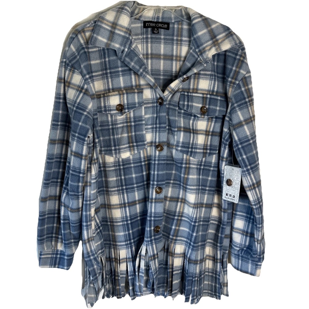 Innercirlce Fringe Blue Plaid Fringe‎ Shacket Fleece Fringe Bottom Sz Small